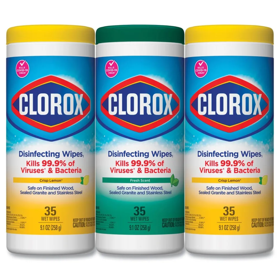Clorox 7 in. x 8 in. 1-Ply Disinfecting Wipes - Fresh Scent/Citrus Blend, White (35/Canister, 3 Canisters/Pack)