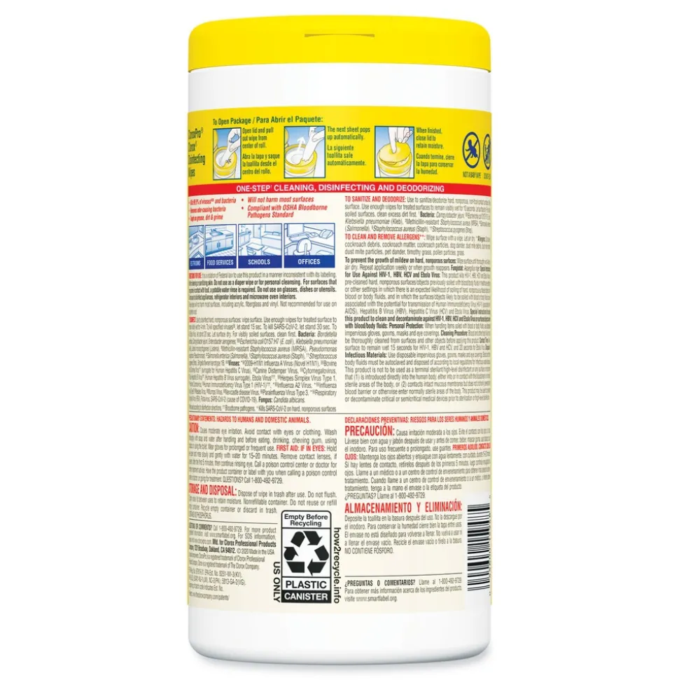 Clorox 1-Ply 7 in. x 8 in. Disinfecting Wipes - Lemon Fresh, White (75/Canister)