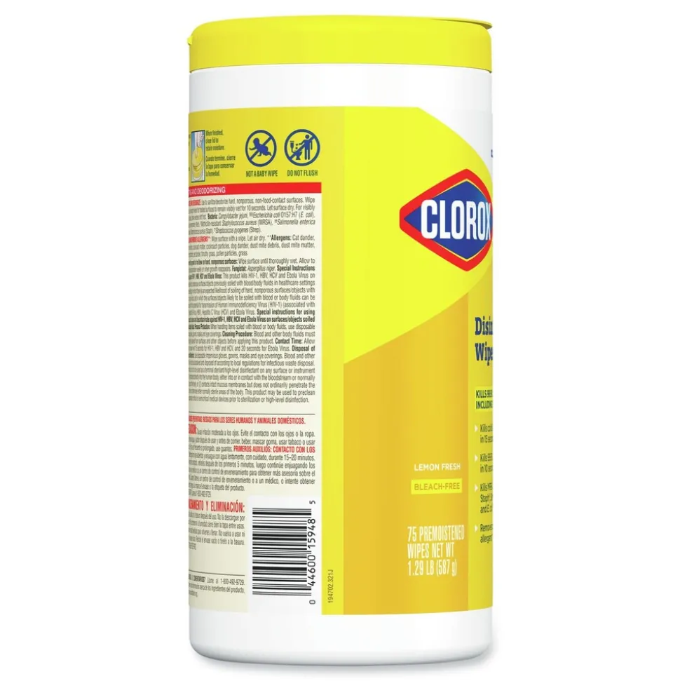 Clorox 1-Ply 7 in. x 8 in. Disinfecting Wipes - Lemon Fresh, White (75/Canister)
