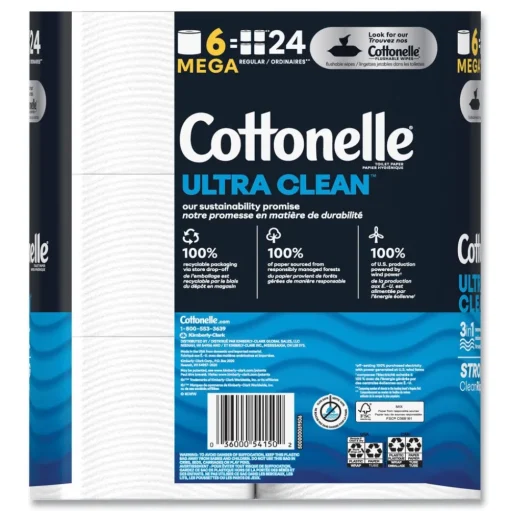 Cottonelle Ultra CleanCare 1-Ply Septic Safe Mega Rolls Strong Tissue Toilet Paper - White (36/Carton)