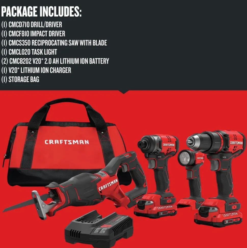 Craftsman V20 Brushless Lithium-Ion Cordless 4-Tool Combo Kit with (2) 2 Ah Batteries