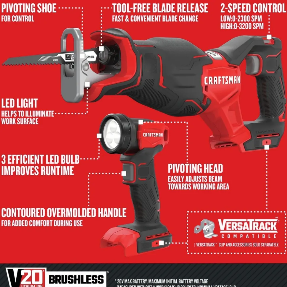 Craftsman V20 Brushless Lithium-Ion Cordless 4-Tool Combo Kit with (2) 2 Ah Batteries