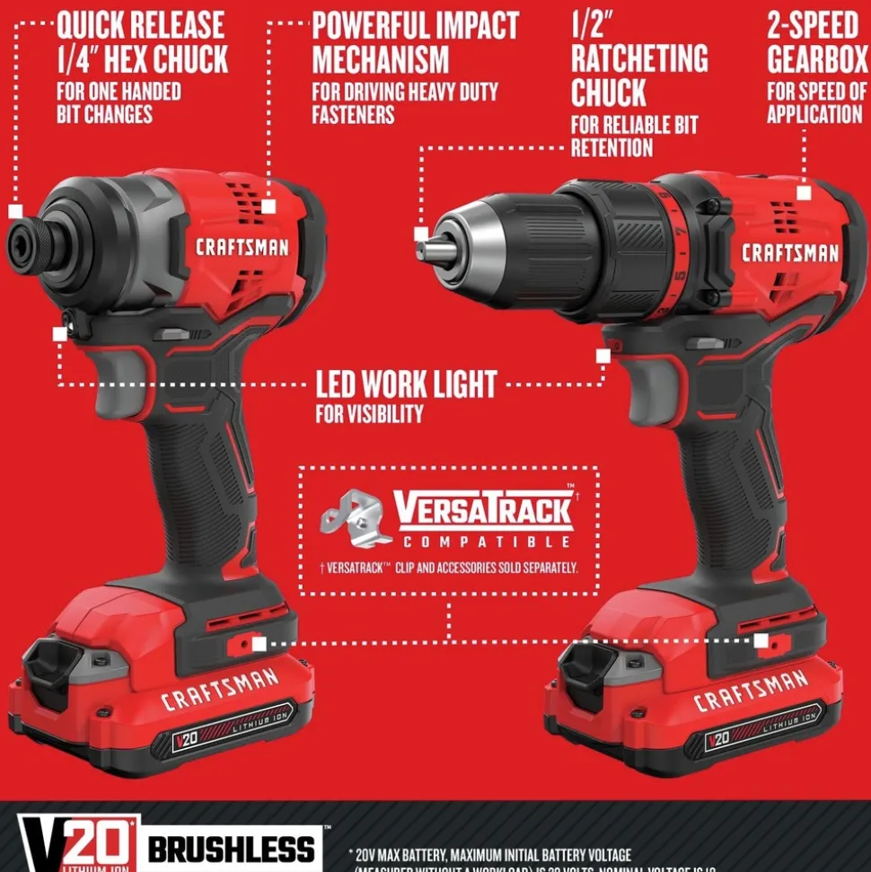 Craftsman V20 Brushless Lithium-Ion Cordless 4-Tool Combo Kit with (2) 2 Ah Batteries