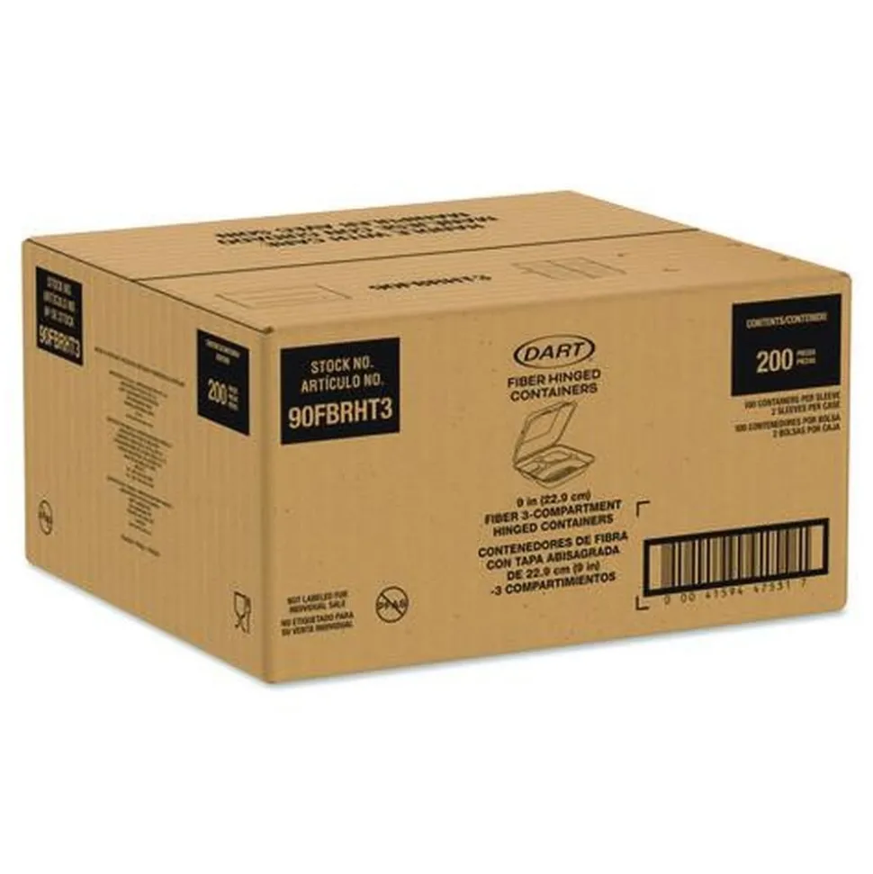 Dart 9.14 in. x 9 in. x 2.98 in. 3 Compartments ProPlanet Seal Compostable Molded Fiber Hinged Trays - Natural (200/Carton)