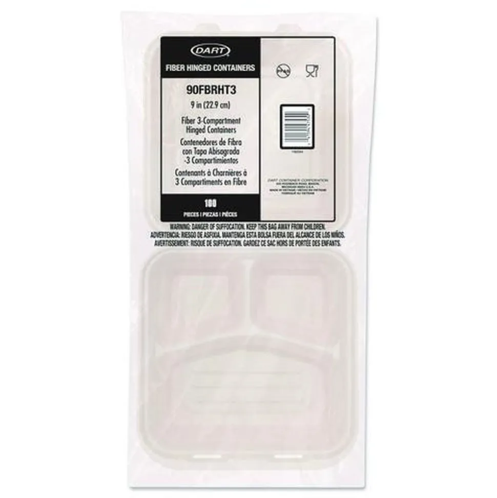 Dart 9.14 in. x 9 in. x 2.98 in. 3 Compartments ProPlanet Seal Compostable Molded Fiber Hinged Trays - Natural (200/Carton)