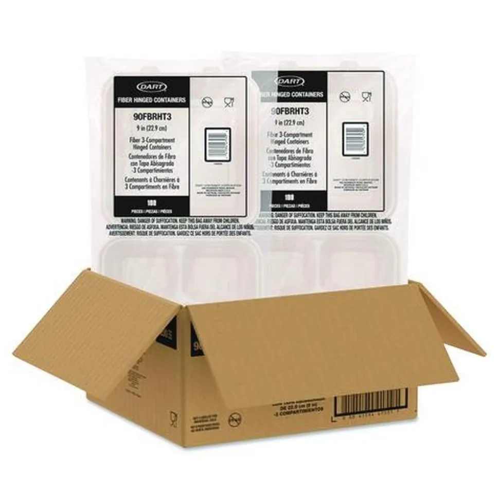 Dart 9.14 in. x 9 in. x 2.98 in. 3 Compartments ProPlanet Seal Compostable Molded Fiber Hinged Trays - Natural (200/Carton)