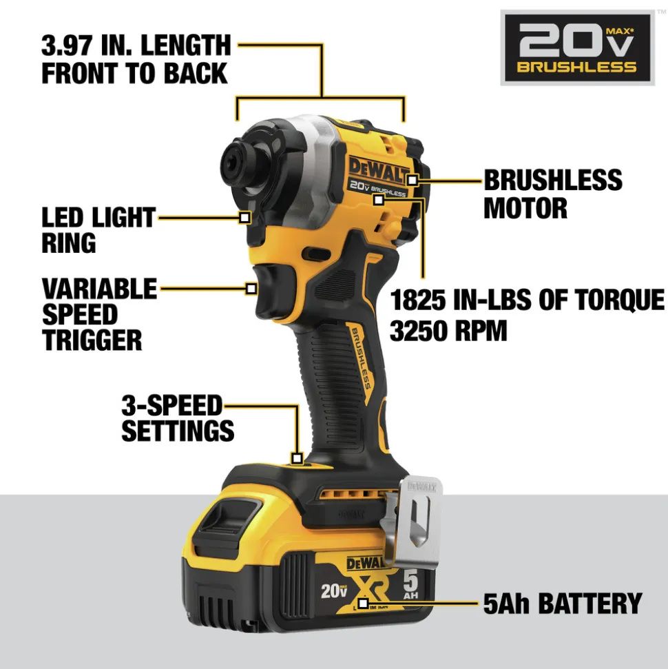 Dewalt ATOMIC 20V MAX Brushless Lithium-Ion 1/4 in. Cordless 3-Speed Impact Driver Kit (5 Ah)