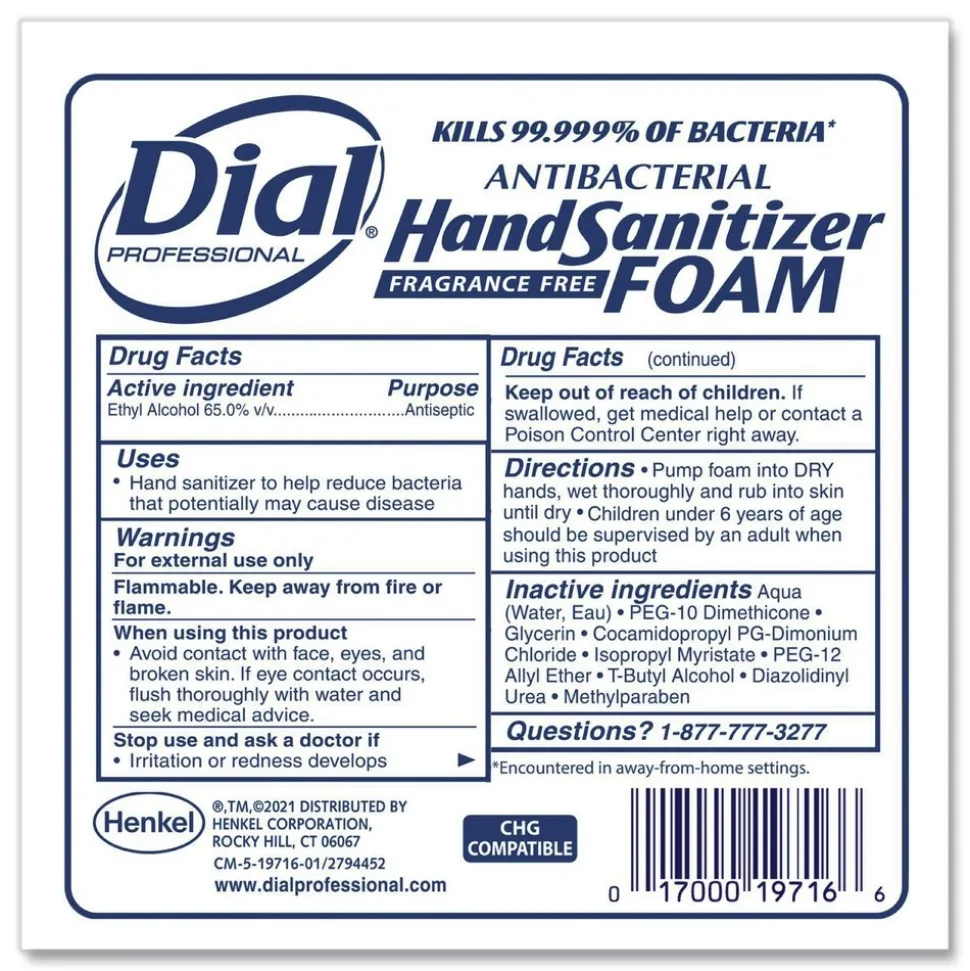 Dial Professional 1.2 Liter Antibacterial Foaming Hand Sanitizer Refill for Dial 1700 Dispenser - Fragrance-Free (3/Carton)