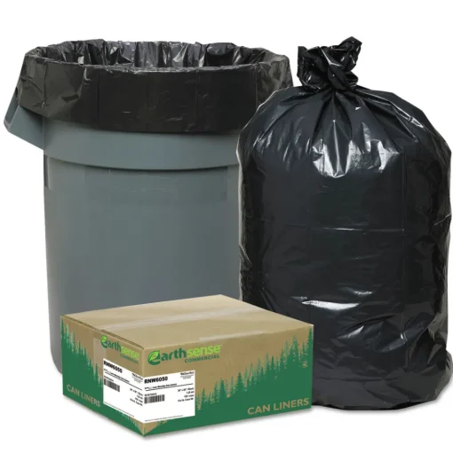 Earthsense Commercial 38 in. x 58 in. 1.25 mil 60 Gallon Linear Low Density Recycled Can Liners - Black (100/Carton)