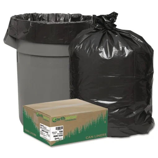 Earthsense Commercial 43 in. x 47 in. 56-Gallon 2 mil. Linear Low Density Recycled Can Liners - Black (100/Carton)