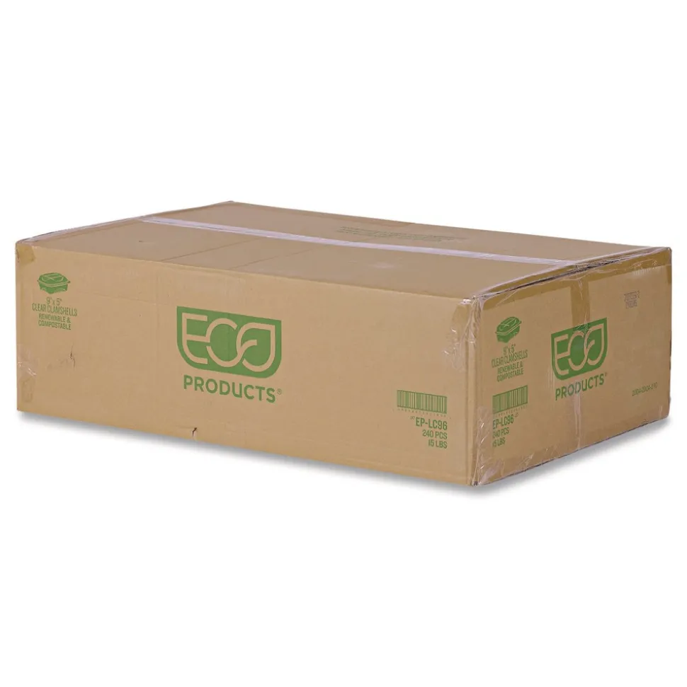 Eco-Products 9 in. x 6 in. x 3 in. Renewable and Compostable Plastic Clamshell Hinged Food Containers - Clear (240/Carton)