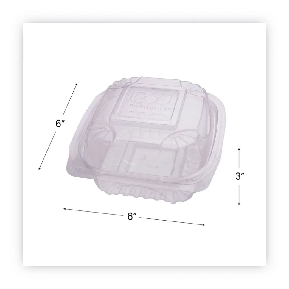 Eco-Products EP-LC6 6 in. x 6 in. x 3 in. Renewable and Compostable Plastic Clamshell Hinged Food Containers - Clear (240/Carton)