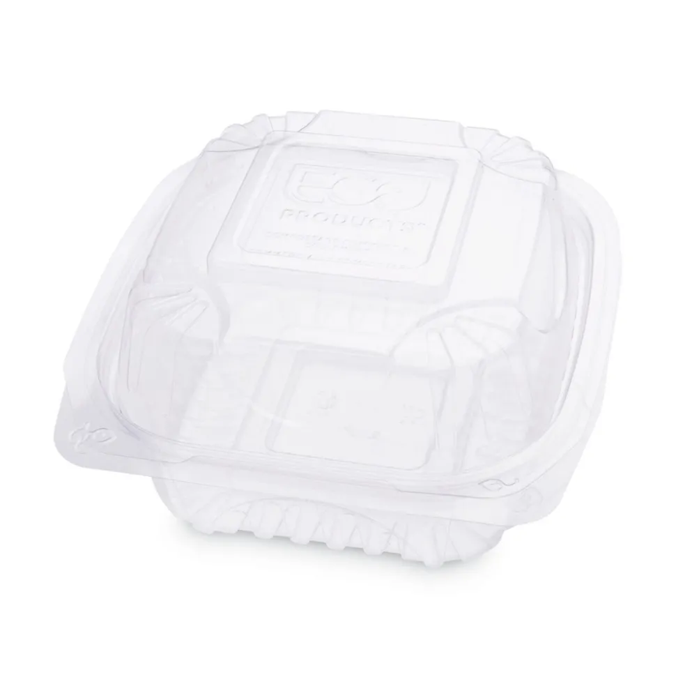 Eco-Products EP-LC6 6 in. x 6 in. x 3 in. Renewable and Compostable Plastic Clamshell Hinged Food Containers - Clear (240/Carton)