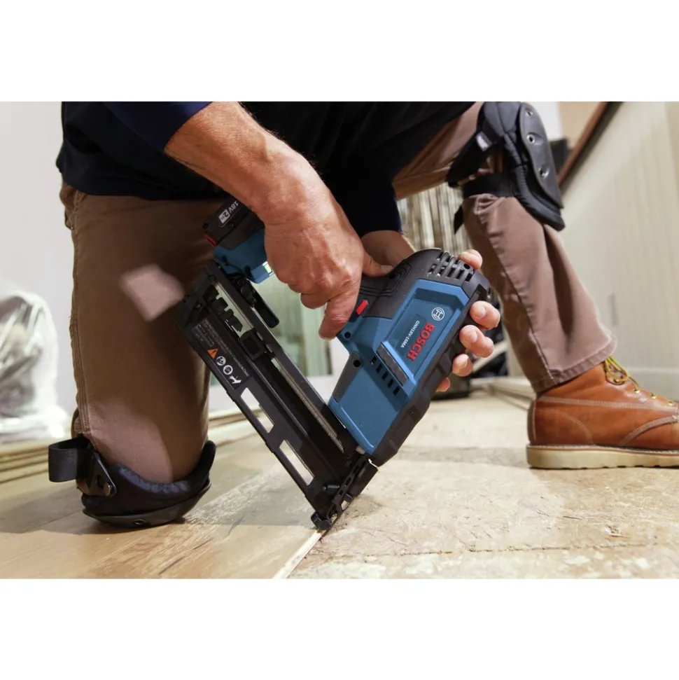 Factory Reconditioned Bosch 18V Lithium-Ion Brushless 16-Gauge Cordless Angled Finish Nailer Kit (2 Ah)