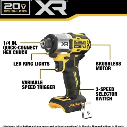 Factory Reconditioned Dewalt 20V MAX XR Lithium-Ion Brushless 3-Speed 1/4 in. Cordless Impact Driver (Tool Only)