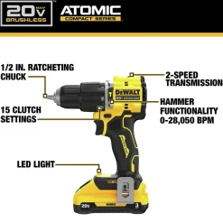 Factory Reconditioned Dewalt 20V MAX ATOMIC Lithium-Ion Brushless 1/2 in. Cordless Hammer Drill Kit (3 Ah)