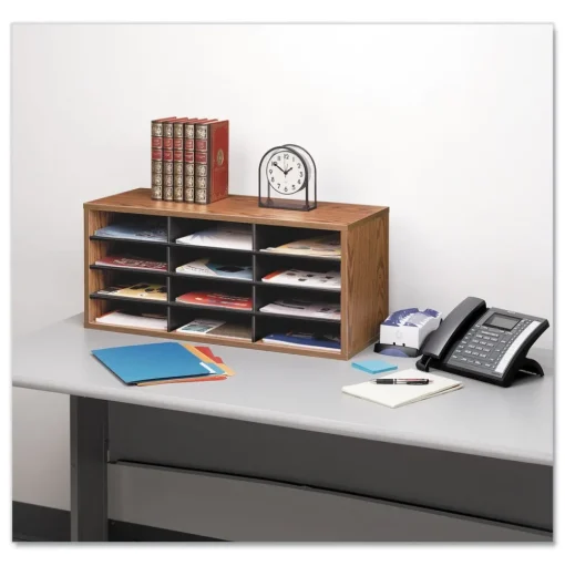 Fellowes Mfg Co. 12 Section 29 in. x 11.88 in. x 12.94 in. Particle Board Desktop Sorter - Medium Oak
