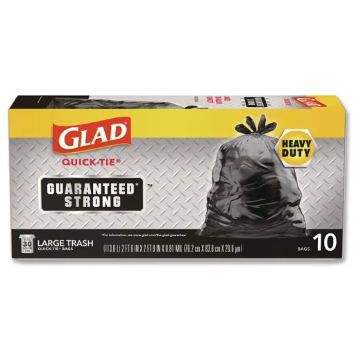Glad 30 in. x 33 in. 30 gal. 0.81 mil Large Quick-Tie Trash Bags Tie-Flap - Black (10/Box 12 Boxes/Carton)