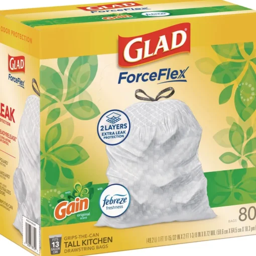 Glad ForceFlex 24 in. x 27.38 in. 13 Gallon Kitchen Drawstring Trash Bags - Gain Original Scent/White (240/Carton)
