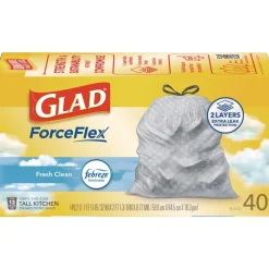 Glad ForceFlex 24 in. x 27.38 in. 13 Gallon Kitchen Drawstring Trash Bags - White Fresh Clean Scent (240/Carton)