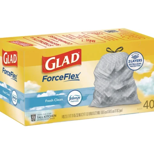 Glad ForceFlex 24 in. x 27.38 in. 13 Gallon Kitchen Drawstring Trash Bags - White Fresh Clean Scent (240/Carton)