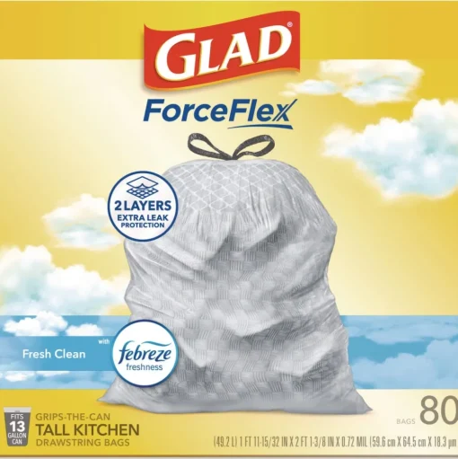 Glad ForceFlex 24 in. x 27.38 in. 13-Gallon Kitchen Drawstring Trash Bags - Gain Fresh Clean Scent White (80/Box)