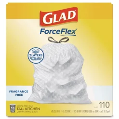 Glad ForceFlex Kitchen Drawstring Trash Bags, Drawstring, 13 gal, Unscented, 23.47 x 25.38, White, 110 Bags/Box, 3 Boxes/Carton
