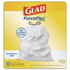 Glad ForceFlex Kitchen Drawstring Trash Bags, Drawstring, 13 gal, Unscented, 23.47 x 25.38, White, 110 Bags/Box, 3 Boxes/Carton