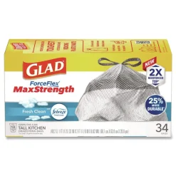 Glad ForceFlex MaxStrength 24 in. x 28 in. 13 Gallon Tall Kitchen Drawstring Trash Bags - Fresh Clean Scent/White (204/Carton)