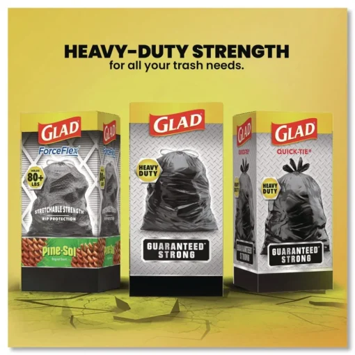 Glad Guaranteed Strong 30 in. x 33 in. 1.05 mil 30 Gallon Three-Ply Large Drawstring Trash Bags - Black (168/Carton)