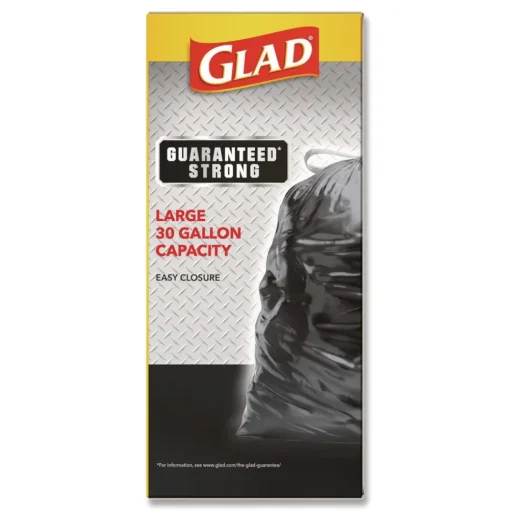 Glad Guaranteed Strong 30 in. x 33 in. 1.05 mil 30 Gallon Three-Ply Large Drawstring Trash Bags - Black (168/Carton)