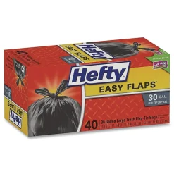 Hefty E27744 30 in. x 33 in. 30-Gallon 0.85 mil Easy Flaps Trash Bags - Black (40/Box, 6 Boxes/Carton)