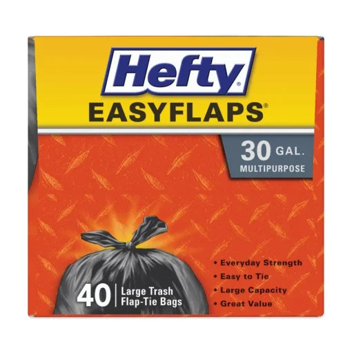 Hefty E27744 30 in. x 33 in. 30-Gallon 0.85 mil Easy Flaps Trash Bags - Black (40/Box, 6 Boxes/Carton)