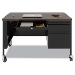 Hirsh Industries 48 in. x 30 in. x 29.5 in. Right-Hand Pedestal Box/File Drawers Mobile Teachers Pedestal Desks - Walnut/Black