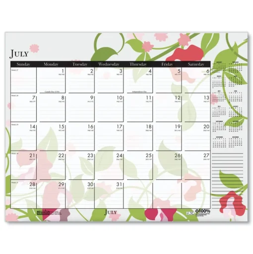 House of Doolittle 22 in. x 17 in. 12-Month (Jan-Dec) 2026 Recycled Desk Pad Calendar - Wild Flowers Artwork