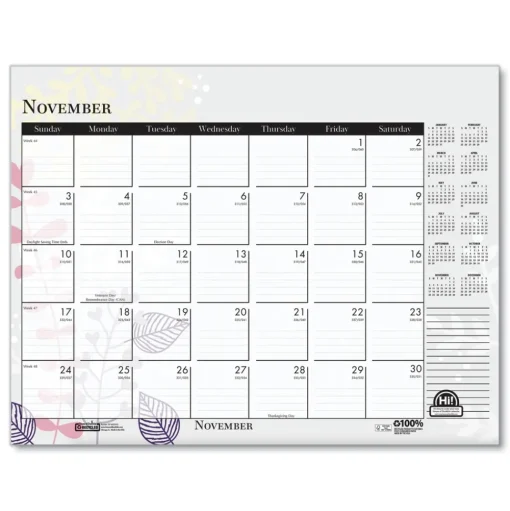 House of Doolittle 22 in. x 17 in. 12-Month (Jan-Dec) 2026 Recycled Desk Pad Calendar - Wild Flowers Artwork
