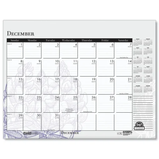 House of Doolittle 22 in. x 17 in. 12-Month (Jan-Dec) 2026 Recycled Desk Pad Calendar - Wild Flowers Artwork