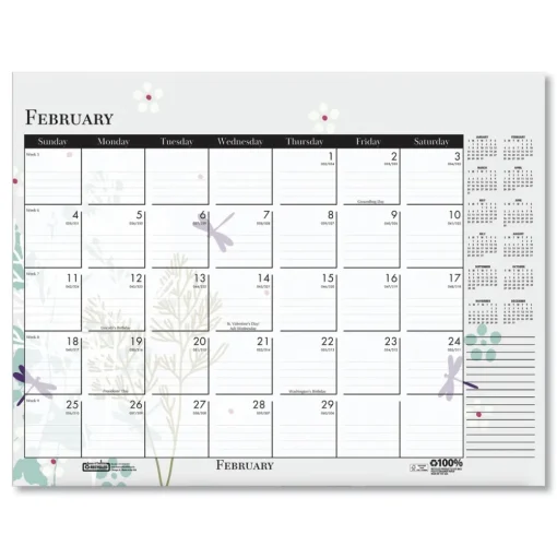 House of Doolittle 22 in. x 17 in. 12-Month (Jan-Dec) 2026 Recycled Desk Pad Calendar - Wild Flowers Artwork