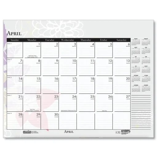 House of Doolittle 22 in. x 17 in. 12-Month (Jan-Dec) 2026 Recycled Desk Pad Calendar - Wild Flowers Artwork