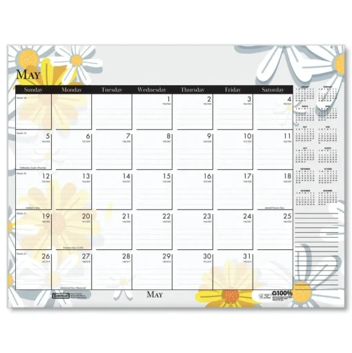 House of Doolittle 22 in. x 17 in. 12-Month (Jan-Dec) 2026 Recycled Desk Pad Calendar - Wild Flowers Artwork