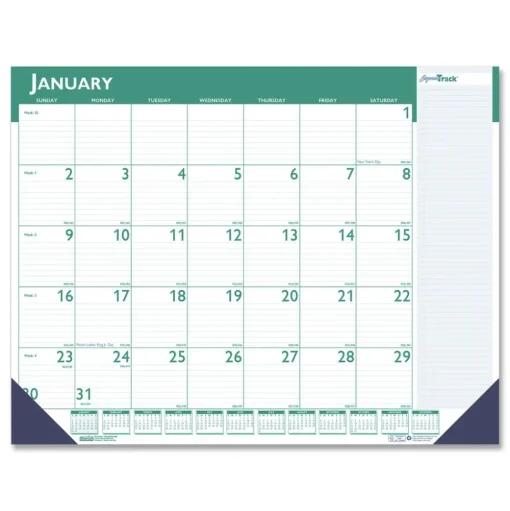 House of Doolittle 22 in. x 17 in. 13-Month (Jan 2026-Jan 2027) Express Track Monthly Desk Pad Calendar - White/Teal Sheets/Teal Binding