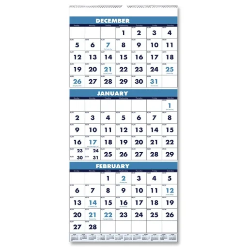House of Doolittle 14-Month: Dec 2025 to Jan 2027 8 in. x 17 in. Vertical Orientation Recycled Three-Month Format Wall Calendar - White Sheets