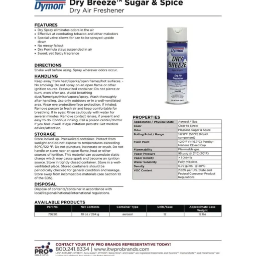 ITW Dymon Dry Breeze 10 oz. Aerosol Air Freshener Spray - Sugar and Spice (12/Carton)