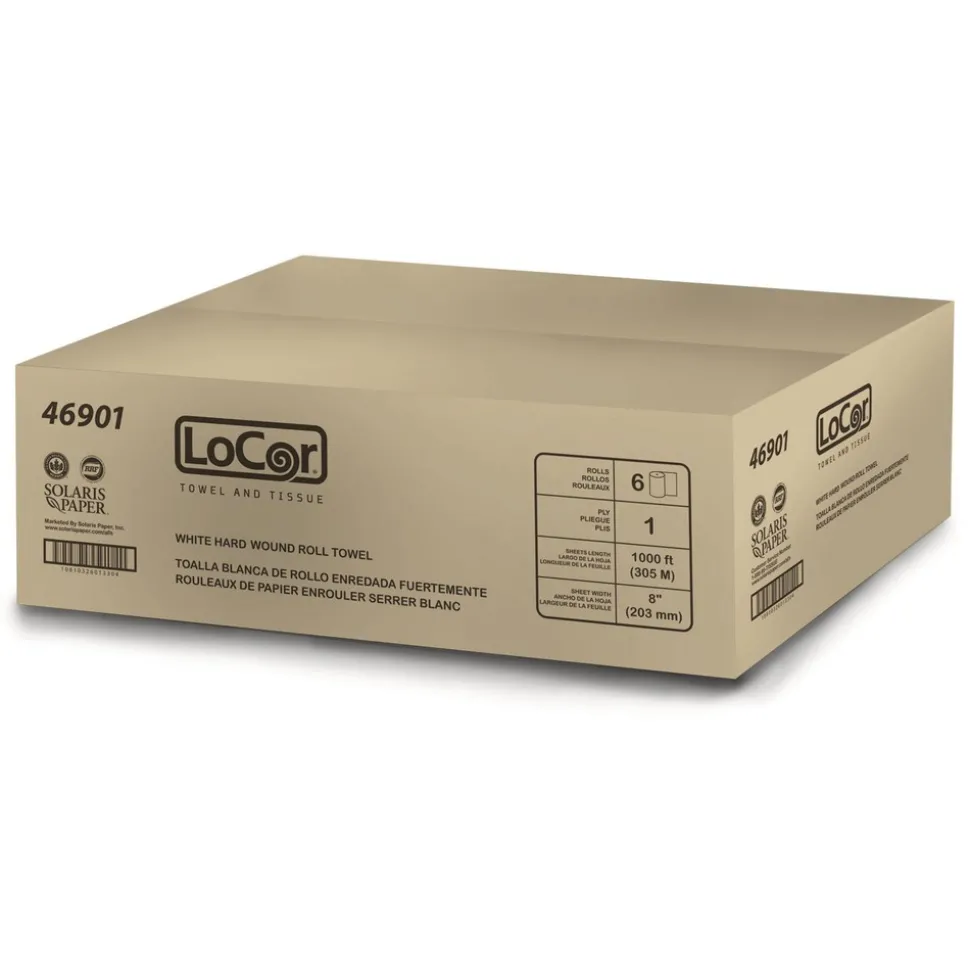 LoCor 8 in. x 1000 ft. 1-Ply Hard Wound Roll Towel - White (6/Carton)