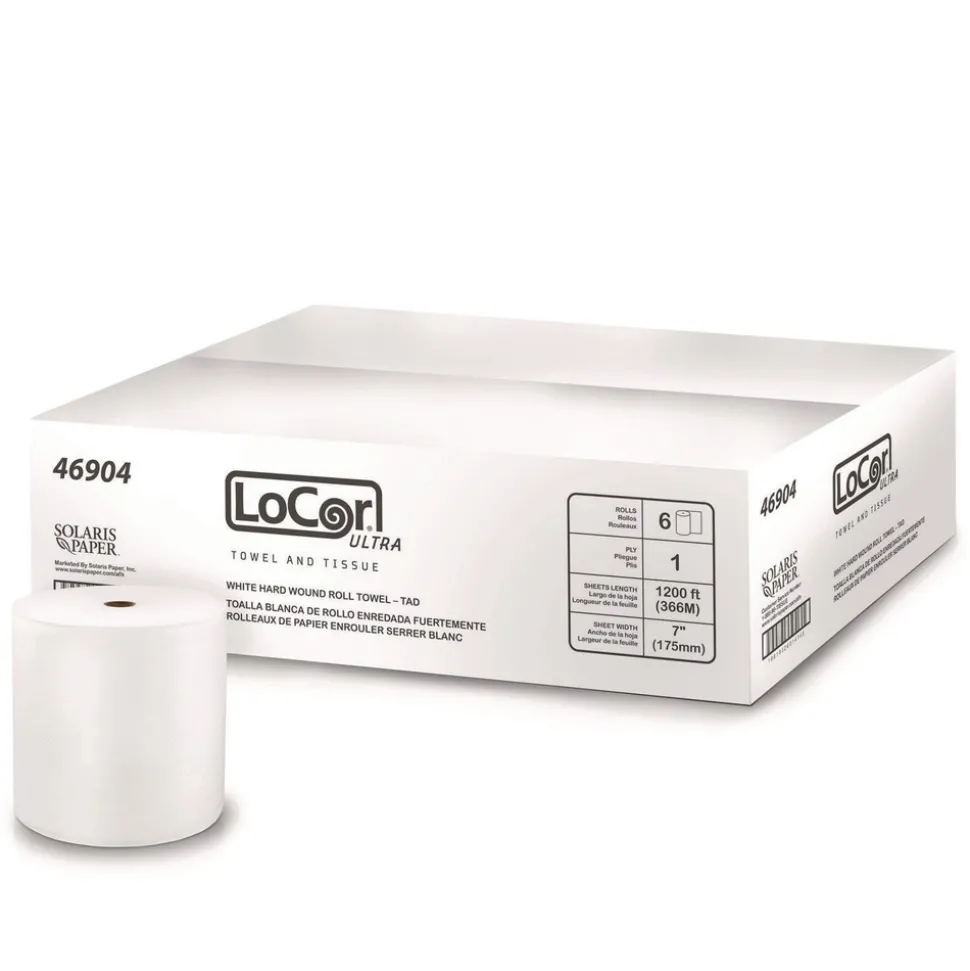 LoCor 7 in. x 1,200 ft. 1-Ply Hard Wound TAD Roll Towel - White (6/Carton)