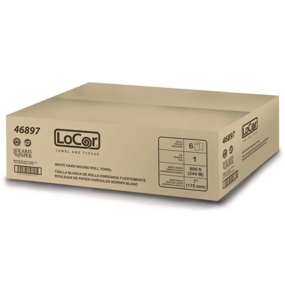 LoCor 7 in. x 800 ft. 1-Ply Hard Wound Roll Towel - White (6/Carton)