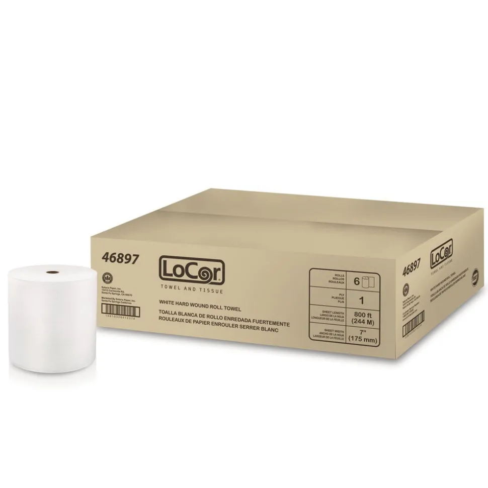 LoCor 7 in. x 800 ft. 1-Ply Hard Wound Roll Towel - White (6/Carton)