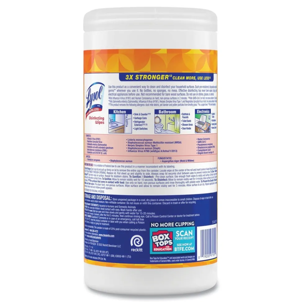 LYSOL Brand 7 in. x 7.25 in. 1-Ply Disinfecting Wipes - Mango and Hibiscus/White