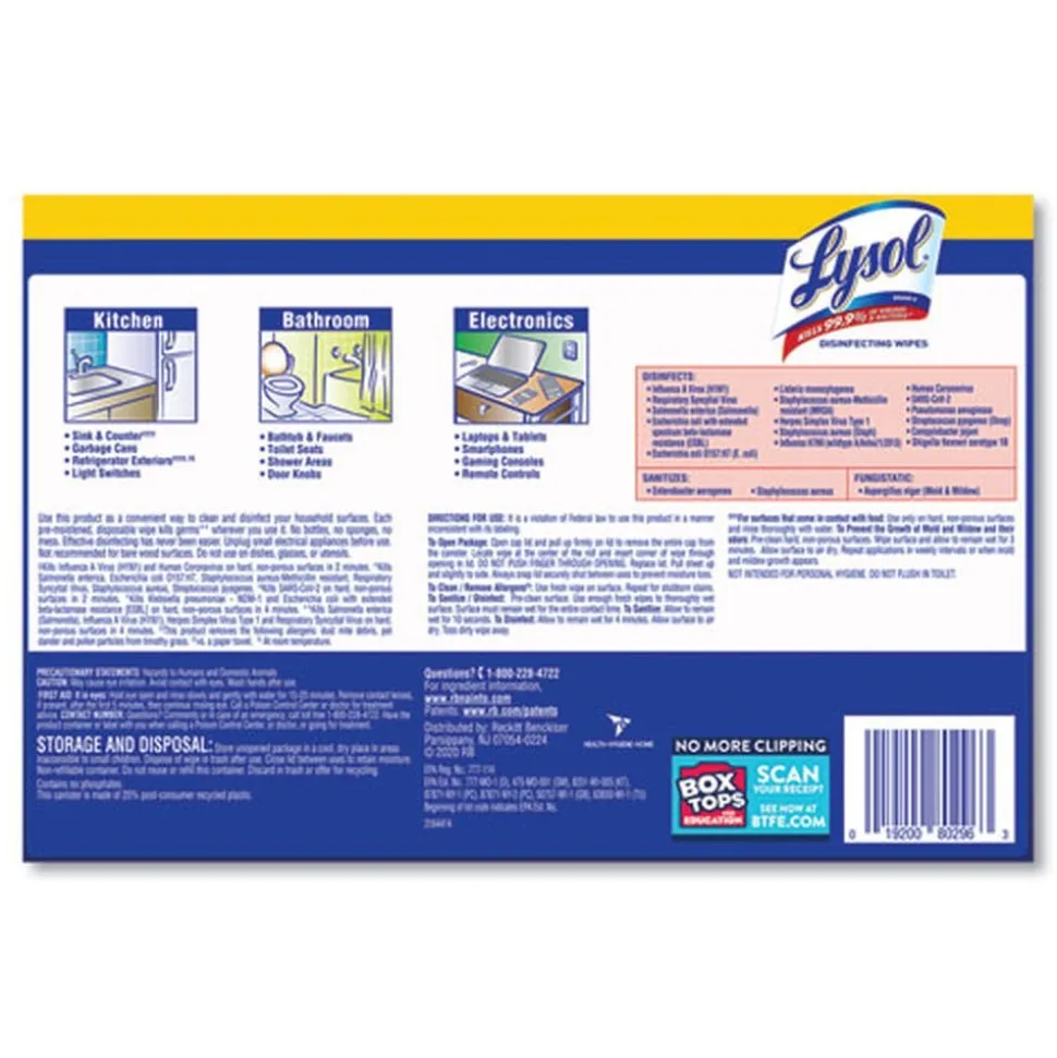 LYSOL Brand 1-Ply 7 in. x 7.25 in. Disinfecting Wipes - Lemon and Lime Blossom Scent, White (3/Carton)