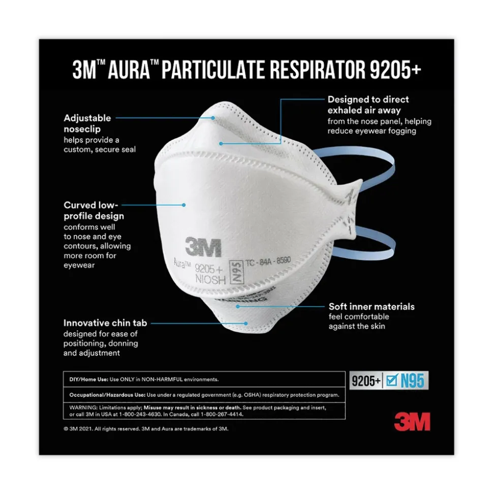 3M Aura 9205 Plus N95 Particulate Respirator - One Size Fits All (20/Pack)